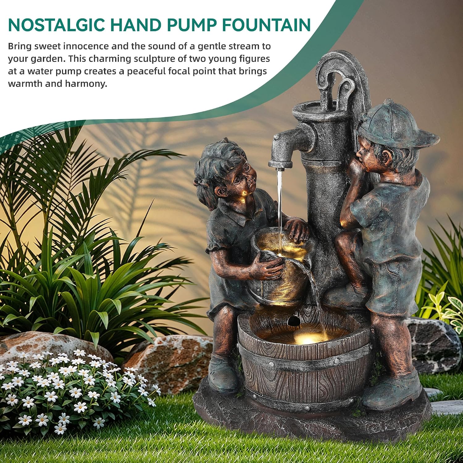 26' Outdoor Fountain, 3-Tier Boy-Girl Playing with Faucet Water Feature with LED Lights, Antique Resin Soothing Cascading Waterfall for Patio, Backyard, Garden or Porch