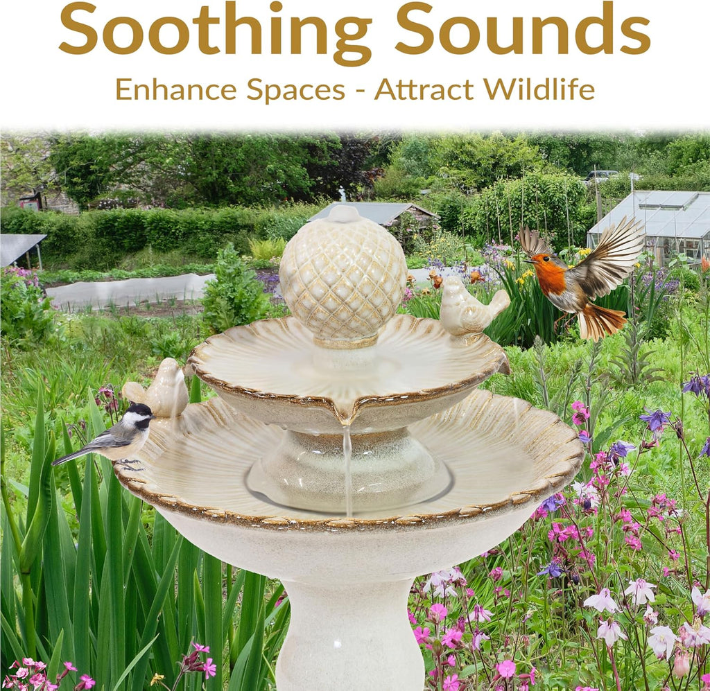 Sunnydaze 27' H 2-Tier Ceramic Water Fountain - Outdoor Water Feature for Patio, Yard, Balcony - Garden Fountain - White