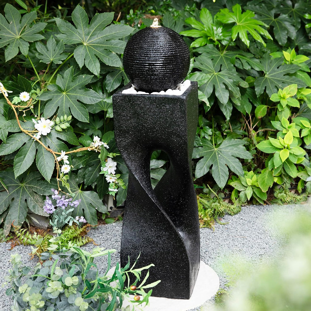 Glitzhome Water Fountain Outdoor, Outdoor Fountain with Lights, 40.5' H Modern Large Geometric Pedestal and Sphere Polyresin Outdoor Water Feature with Pump for Garden, Patio, Backyard, Porch (Black)