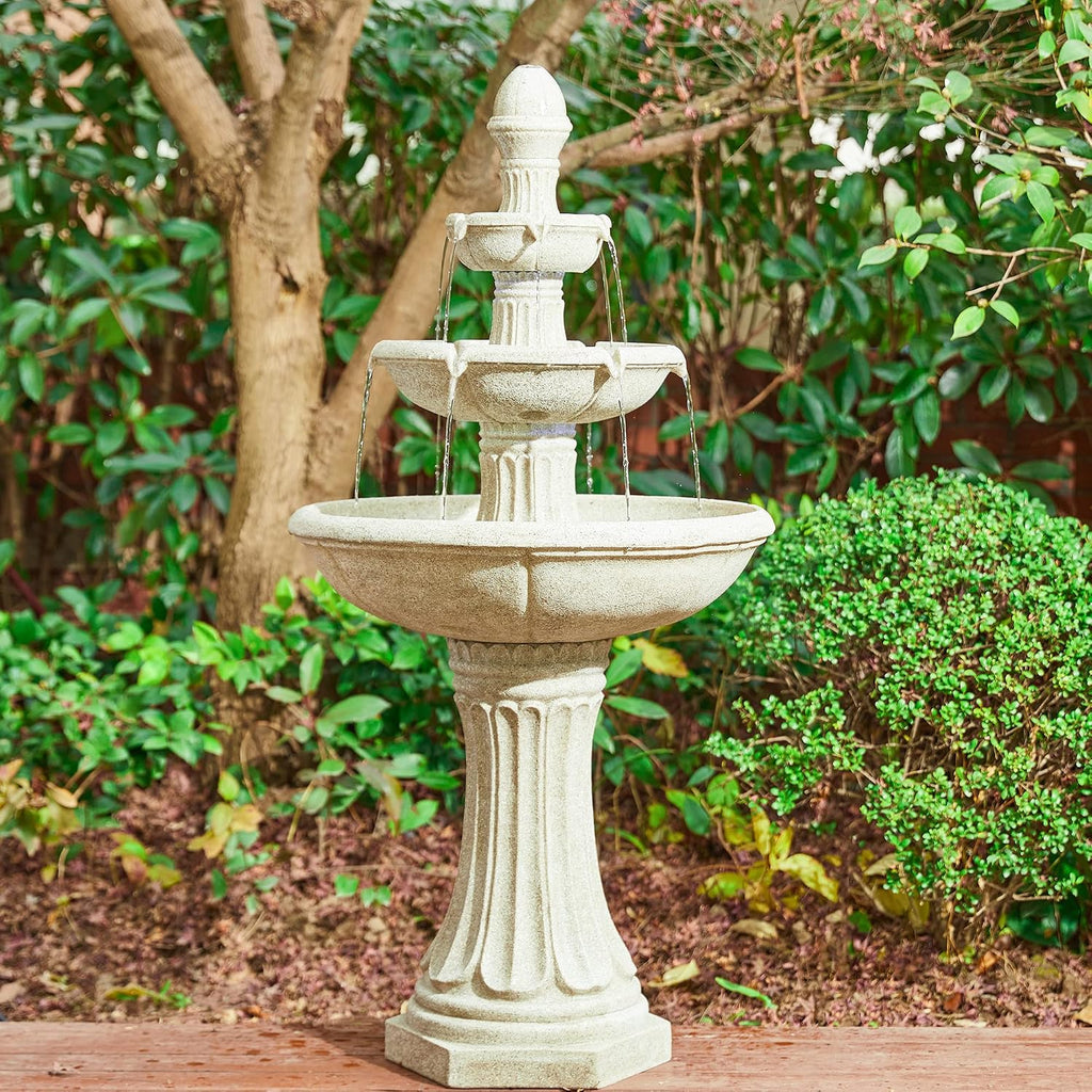 Glitzhome Water Fountain Outdoor Floor-Stand Fountains with LED Light & Pump, Oversized 3 Tier Terrazzo Waterfalls Patio Fountain and Waterfalls Outdoor Yard Fountains for Lawn Garden Backyard Deck