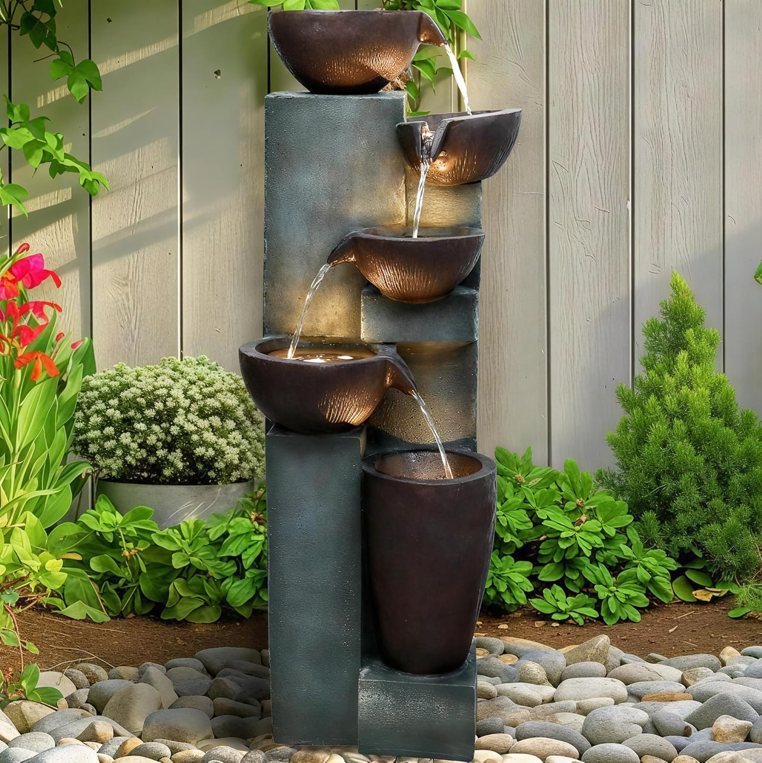 Naturefalls 39.7' Tall Outdoor Water Fountain and Waterfalls - Large Garden Fountain with LED Lights, 5-Tier Cascading, Indoor and Outdoor Fountains for Garden, Patio, Deck, Porch, Backyard and Home