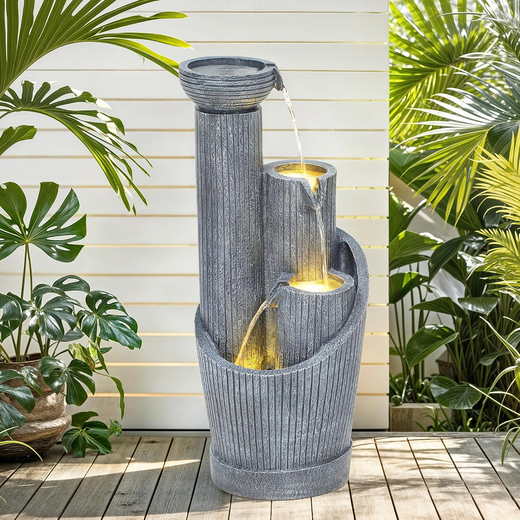 31' Modern Outdoor Water Fountain with LED Lights, 5-Tier Twist Pedestal Bowl Garden Fountain, Cascading Waterfall for Relaxing Garden, Patio, Backyard, Deck, Porch or Home Decor