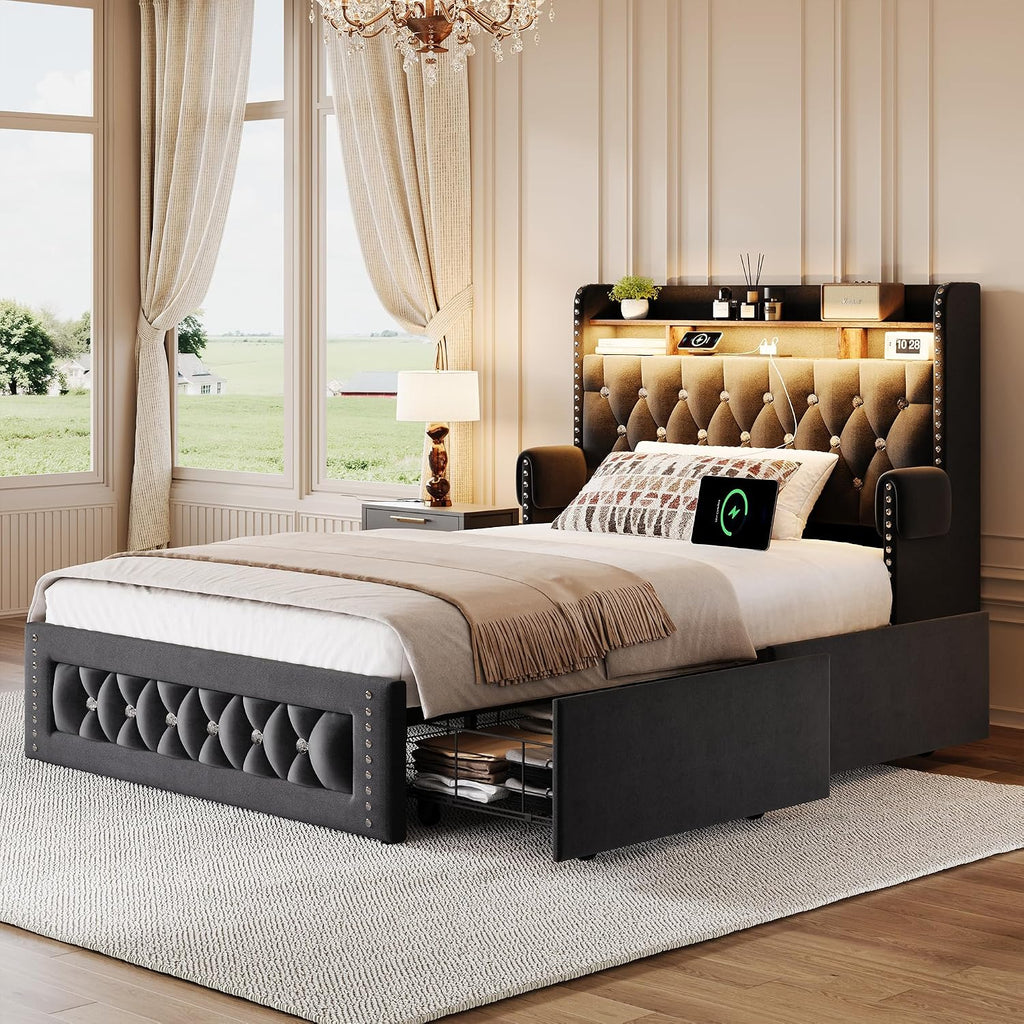 Ailisite Twin Size Bed Frame with 4 Storage Drawers and RGB Led Lights,Velvet Upholstered Platform Bed with Charging Station and Bookcase Storage Headboard, with Crystal and Rivet Deco, Black