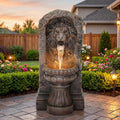 30' Lion Head Outdoor Water Fountain, Handcrafted Antique Stone Sculpture Garden Fountain, Warm LED-Lit Cascading Waterfall, Relaxing Fountains for Outside Garden Patio Yard Deck Floor Decor