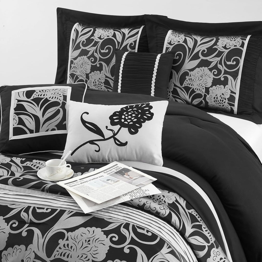 Stratford Park 7 Piece Black Sliver Comforter Set, King Size Jacquard Floral Bedding Set, All Season, Ultra-Soft, Matching Pillows & Shams, Bed Skirt