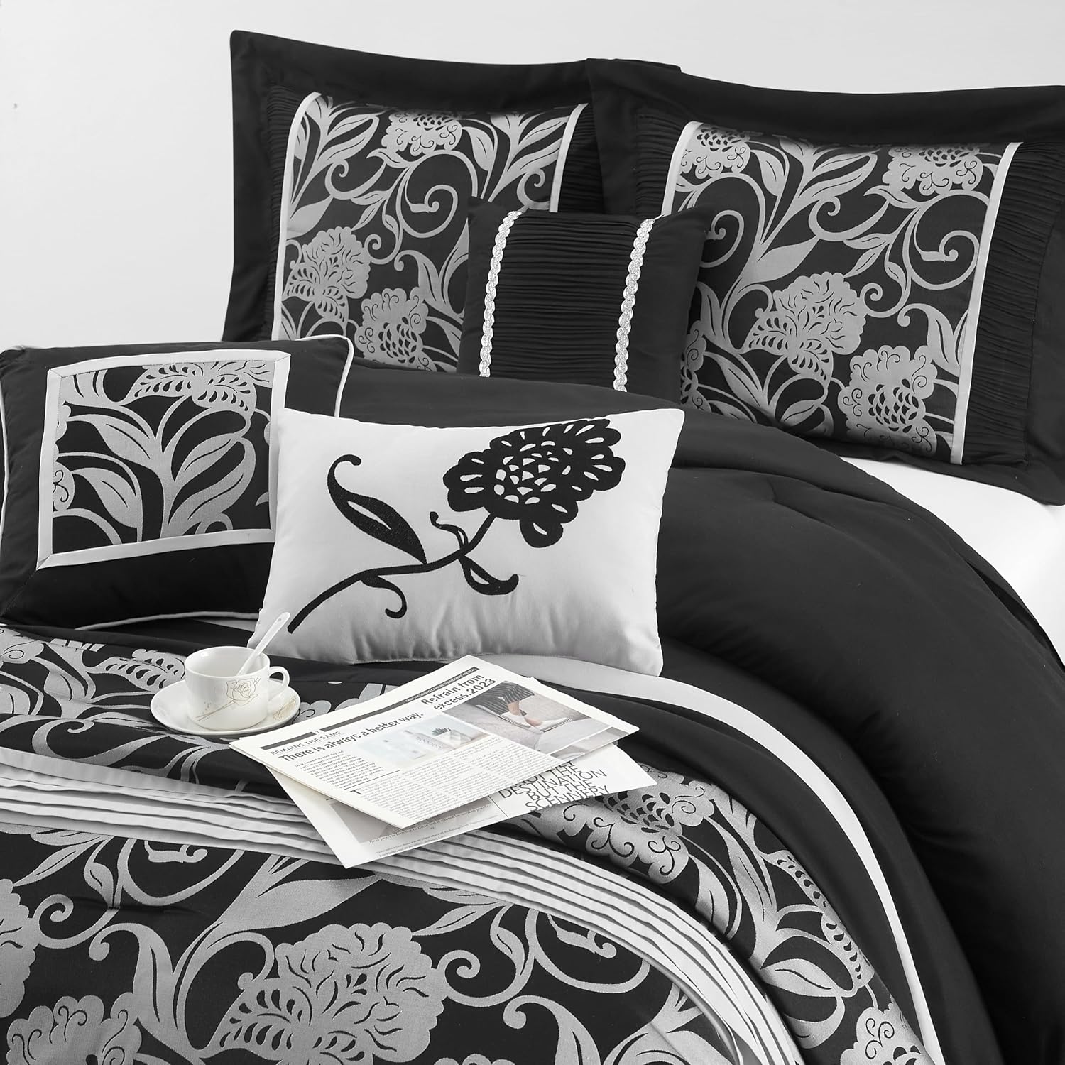Stratford Park 7 Piece Black Sliver Comforter Set, King Size Jacquard Floral Bedding Set, All Season, Ultra-Soft, Matching Pillows & Shams, Bed Skirt