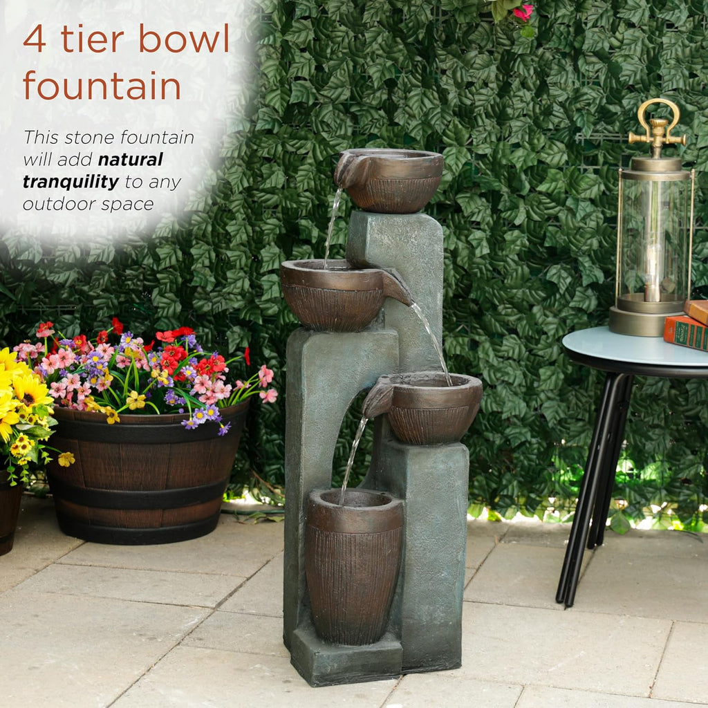 Alpine Corporation TZL396 31' 4 Tier Bowls Cascading Fountain with LED Lights, Elegant Outdoor Water Feature for Garden, Patio, Yard & Outdoor Spaces, Relaxing Waterfall Fountain, Gray