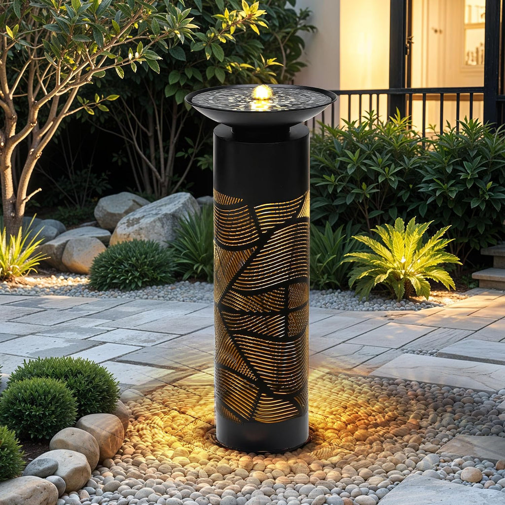 32' H Metal Cutout Outdoor Fountain with Charming Lights & Shadow, Modern Geometric Pedestal Birdbath Water Fountain, Relaxing Water Feature for Garden Patio Yard Front Door Décor, Black