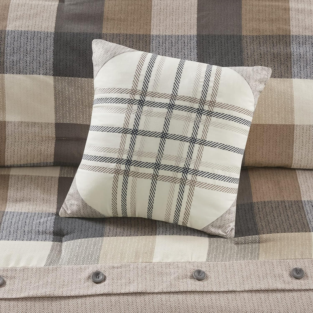 Madison Park Ridge Comforter Set-Cabin Lodge Plaid Herringbone Design All Season Down Alternative Cozy Bedding with Matching Bedskirt, Shams, Decorative Pillow, King(104'x92'), Neutral 7 Piece