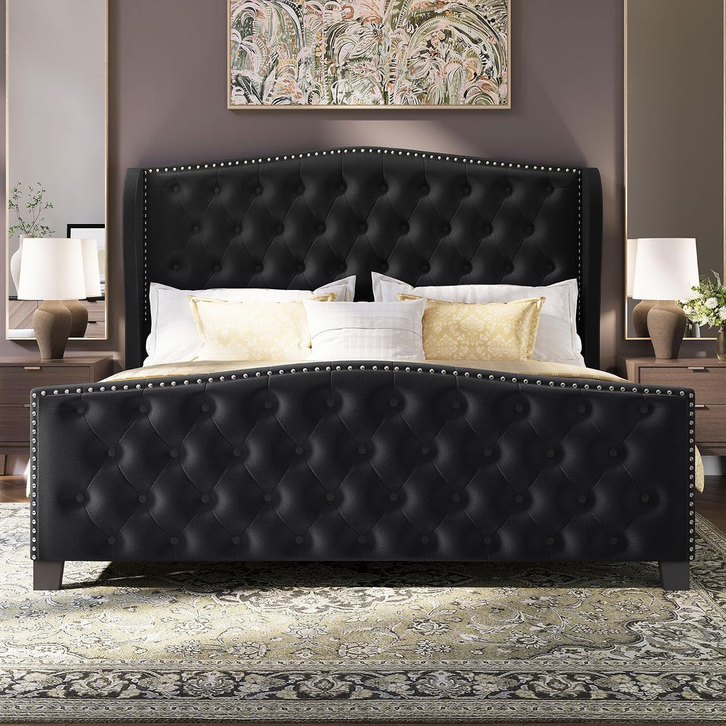 BRELTAM Upholstered Queen Size Bed Frame Velvet Black Tufted Platform Bed Frame with Wingback Headboard & Footboard, with Deep Button Tufted & Nailhead Wooden Slats Support, No Box Spring Needed