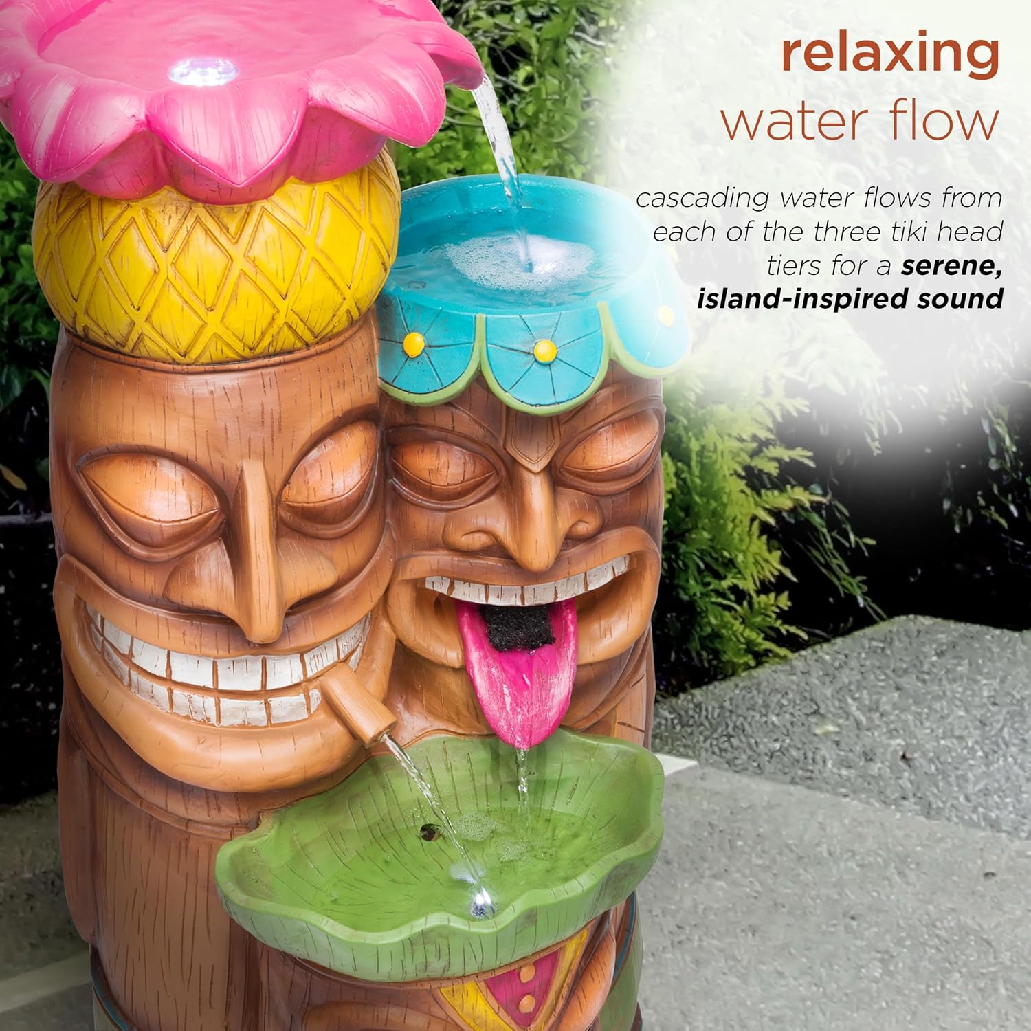 Alpine Corporation - 3-Tiered Colorful Tiki Head Water Fountain, Indoor/Outdoor Tropical Waterfall with LED Lights, for Garden, Patio, Yard, 35' H
