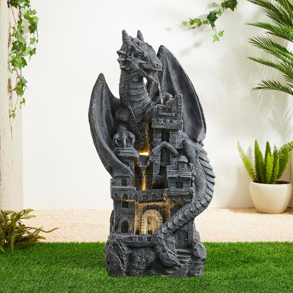 Glitzhome 4-Tiered Cascading Outdoor Water Fountain for Garden Patio Yard Mystical Gothic Dragon Water Fountains Outdoor with LED Lights & Pump, Large Floor Stand Fountain Dragon Waterfalls 36.5' H
