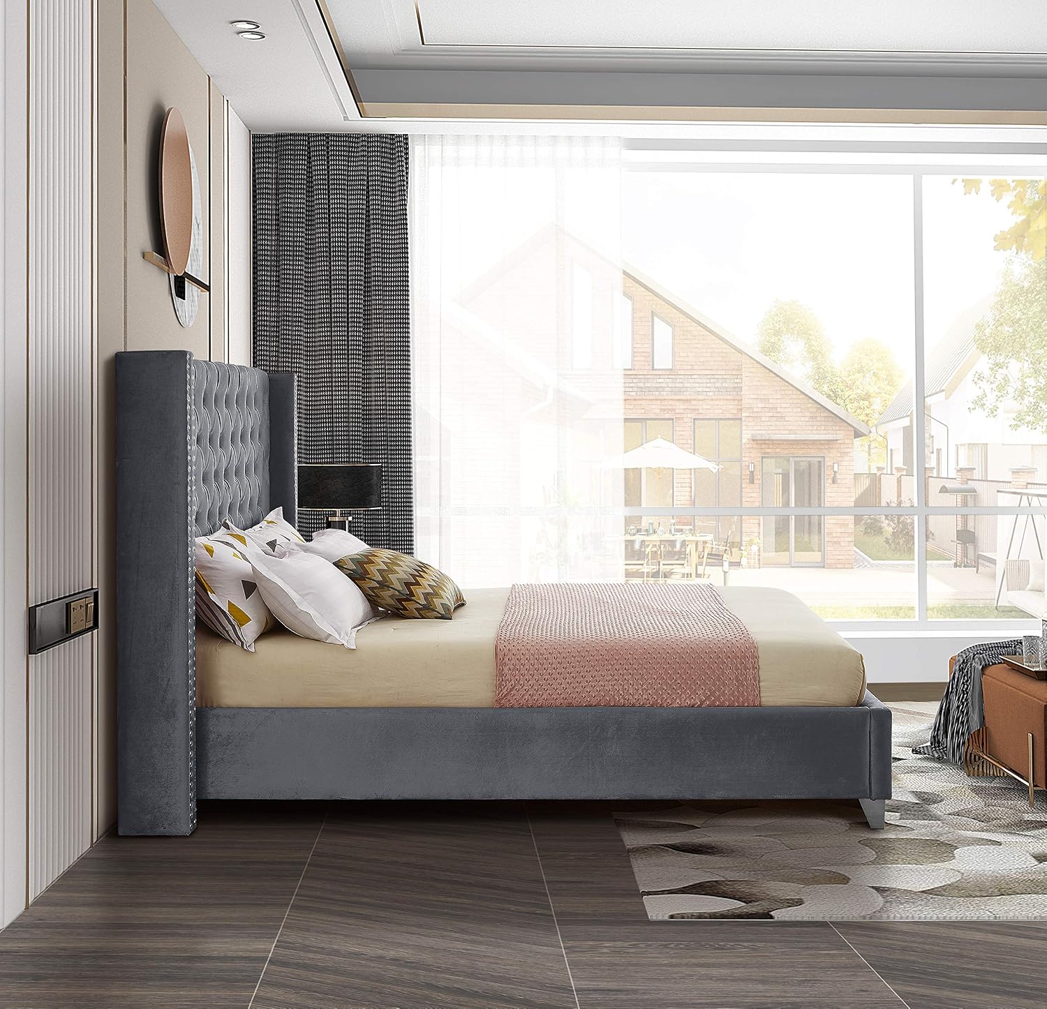 Meridian Furniture Aiden Collection Modern | Contemporary Velvet Upholstered Bed with Deep Button Tufting, Solid Wood Frame, and Custom Chrome Legs, King, Grey