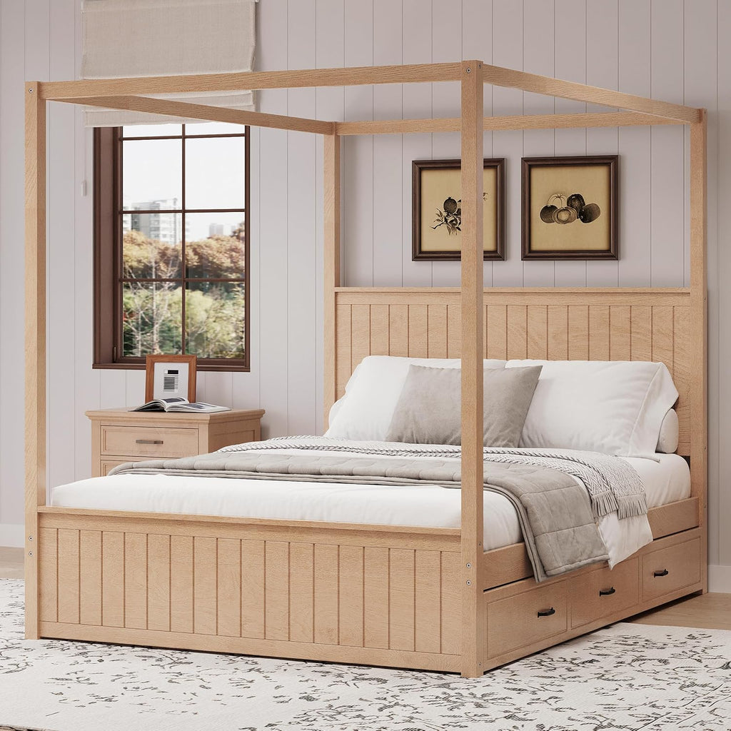 Queen Size Canopy Bed with Trundle and Three Storage Drawers, 4-Post Wood Bed Frame with Headboard, No Box Spring Needed (Natural)