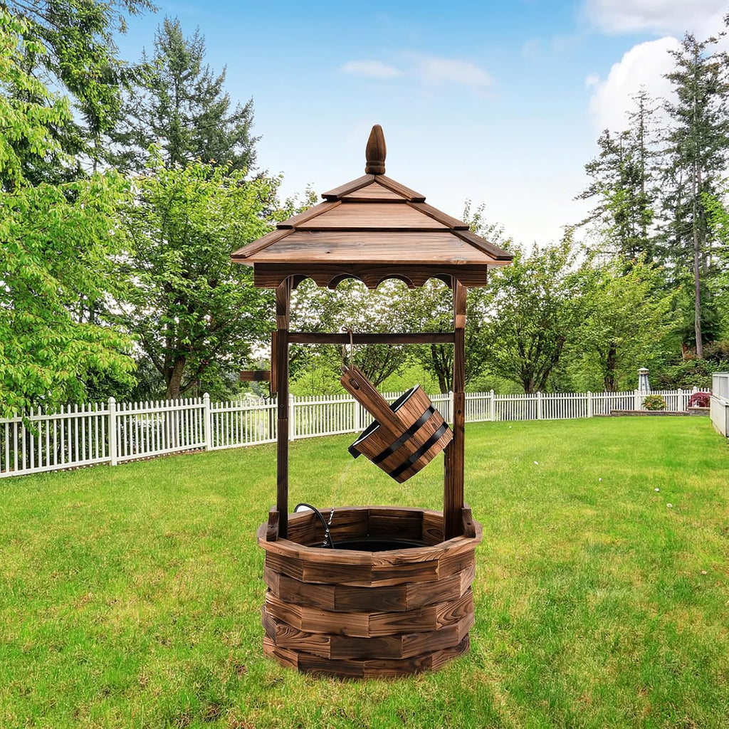 Tangkula Outdoor Wishing Well Water Fountain, Old-Fashioned Wood Waterfall Fountain w/Bucket Pump, Rustic Farmhouse Decoration for Garden, Backyard, 46 Inch Tall (22.5' x 22.5' x 48.5')