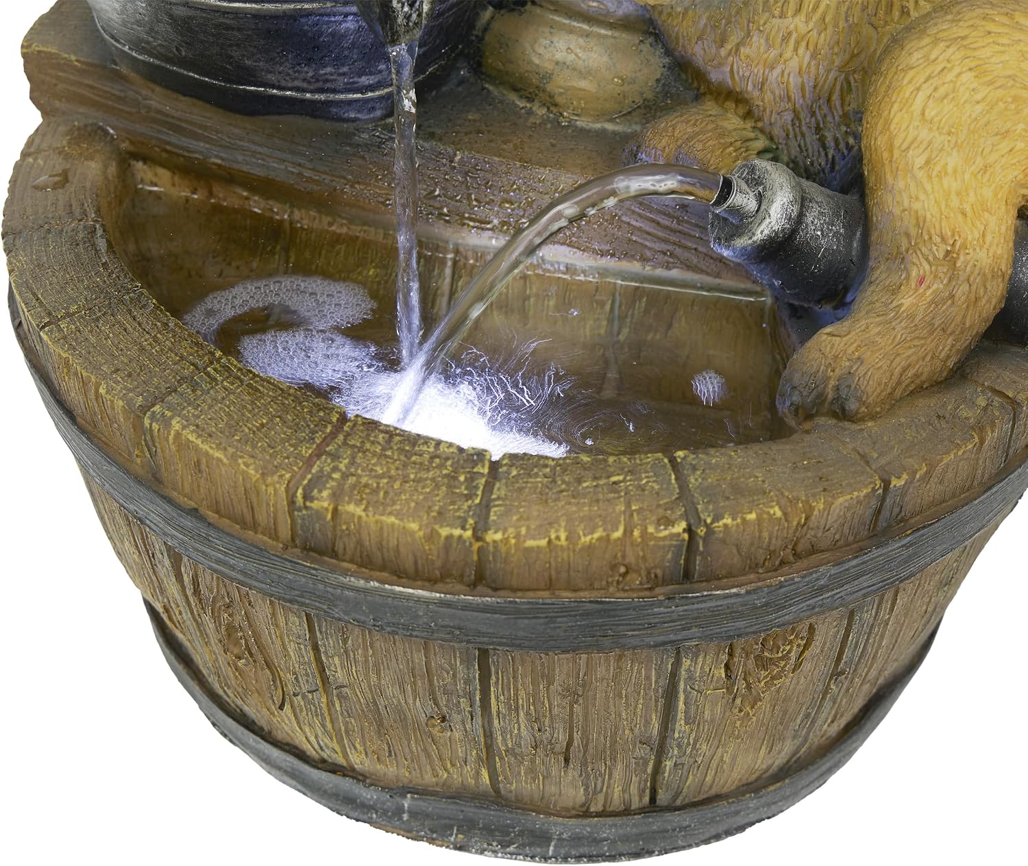 Alpine Corporation GXT986 26' Tall Outdoor Barrel Fountain with Playful Puppies, Cascading Garden Water Feature for Patio, Lawn, or Yard Decor, Brown