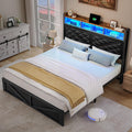 DWVO Bed Frame with Charging Station and Storage Headboard, Upholstered Platform with Large Under Bed Storage and LED Light, No Box Spring Needed, Noise Free, Faux Leather, Black, Queen Size