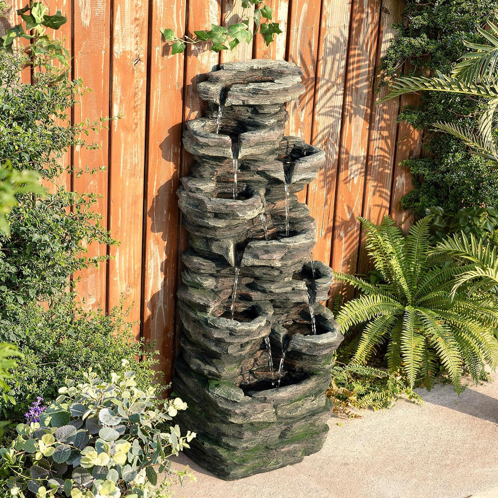 Glitzhome Outdoor Water Fountain, 9-Tiered Rock Floor Fountain with Cascading Water, 39.25' H Polyresin Waterfall Fountain with Pump and LED Light Outdoor Water Feature for Garden Yard Patio Porch