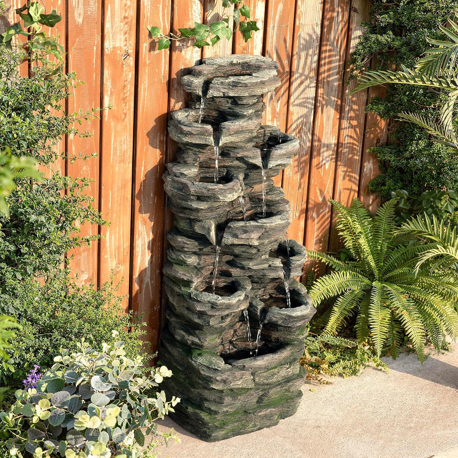 Glitzhome Outdoor Water Fountain, 9-Tiered Rock Floor Fountain with Cascading Water, 39.25' H Polyresin Waterfall Fountain with Pump and LED Light Outdoor Water Feature for Garden Yard Patio Porch