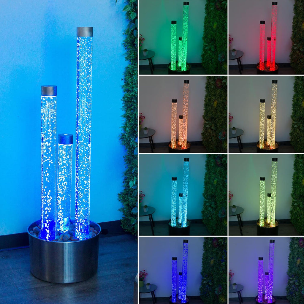 Alpine Corporation 54' Tall 3 Tier Indoor and Outdoor Water Acrylic Bubble Fountain for Home, Office, and Patio Decor, with Remote and 16 Color LED Lights, Silver Base