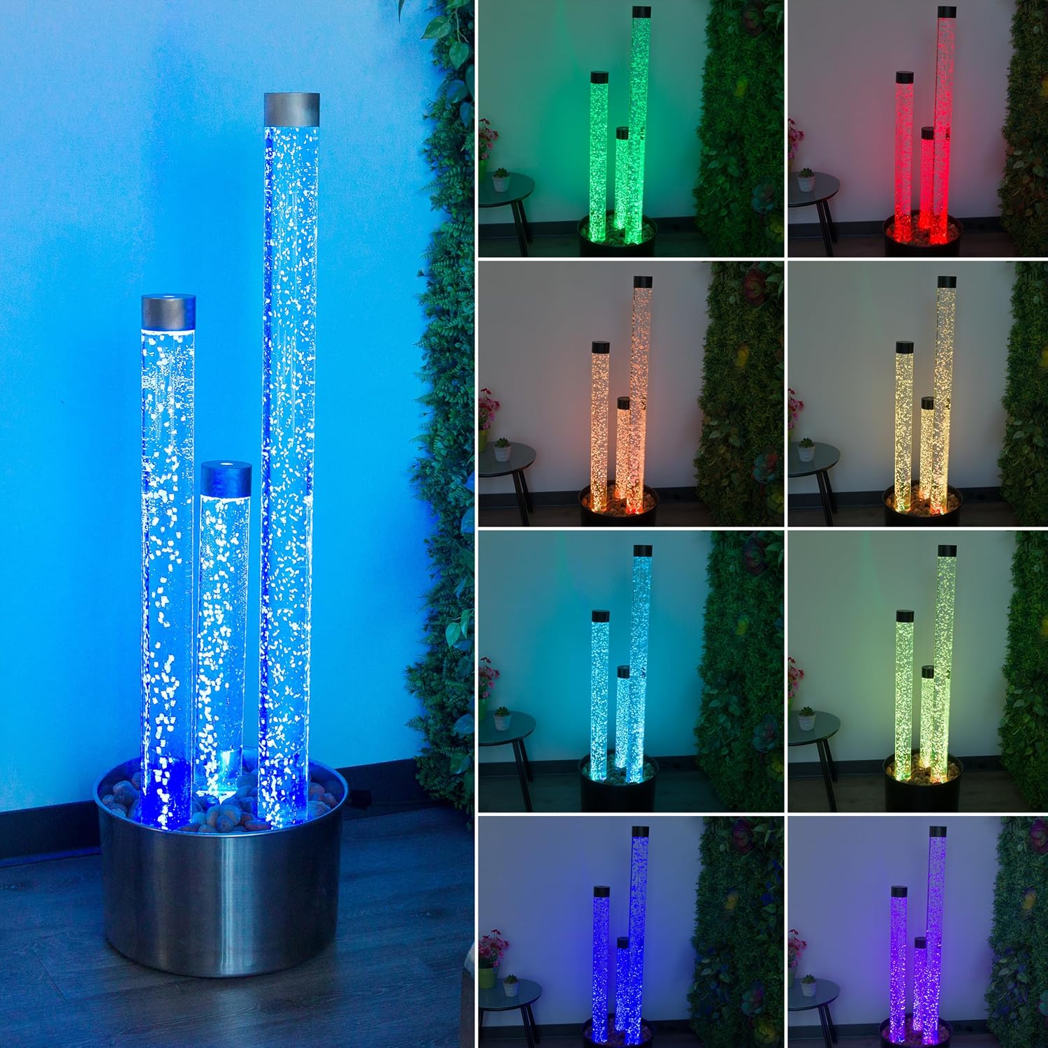 Alpine Corporation 54' Tall 3 Tier Indoor and Outdoor Water Acrylic Bubble Fountain for Home, Office, and Patio Decor, with Remote and 16 Color LED Lights, Silver Base