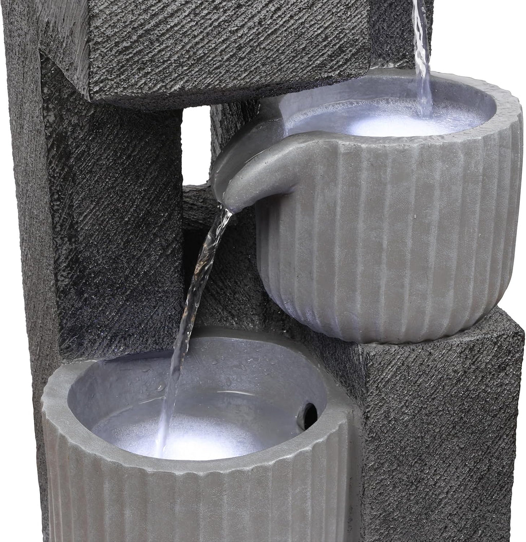 Alpine Corporation 40' Tall Outdoor 5 Tiered Pot Decorative Waterfall Floor Fountain with LED Lights, Perfect for Patios, Yards, and Landscaping, Gray