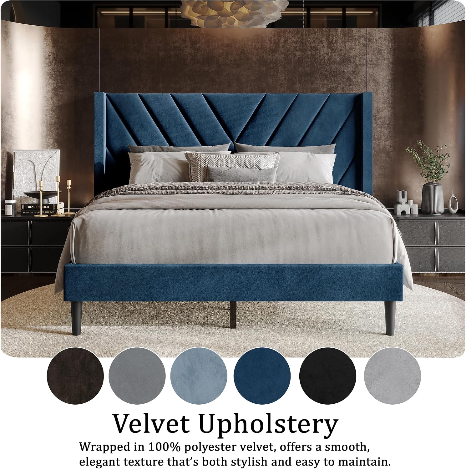Twin Platform Bed Frame with Chevron-Stitched Wingback Headboard, Velvet Upholstery, No Box Spring Needed, Easy Assembly, Brown