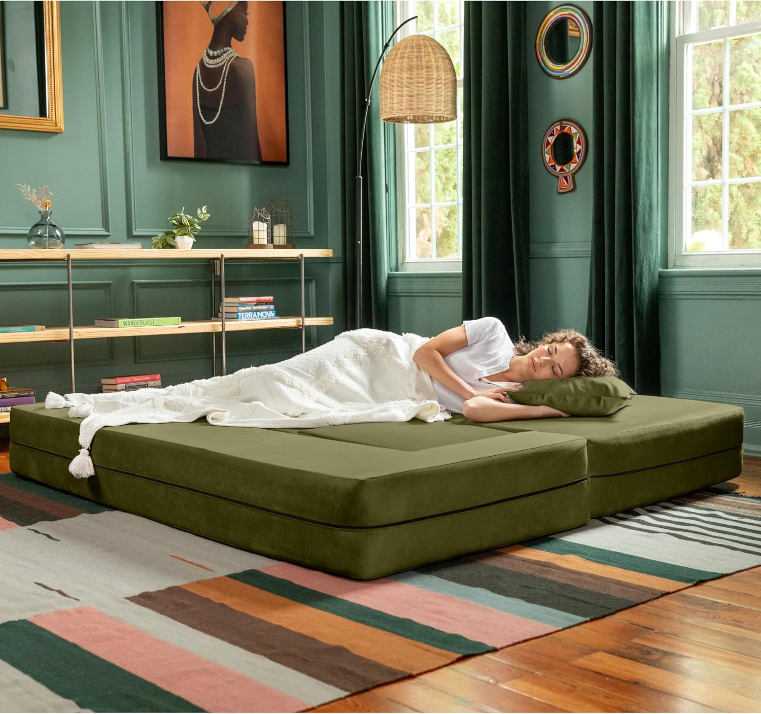 Jaxx Zipline Convertible Sleeper Sofa & Three Ottomans/California King-Size Bed, Moss