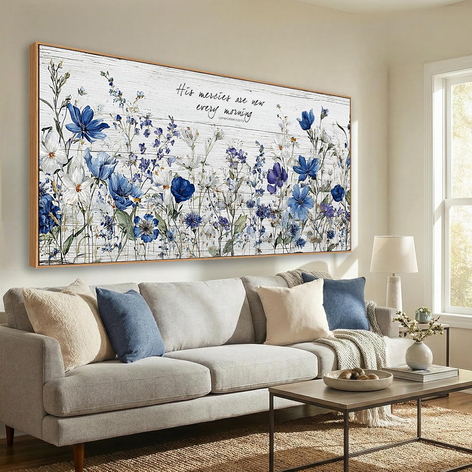 Tucai Decor Blue Floral Canvas Wall Art with Inspirational Quote, Farmhouse Style Living Room Bedroom Kitchen Wall Decor Large Format Framed Print Artwork Home Decoration