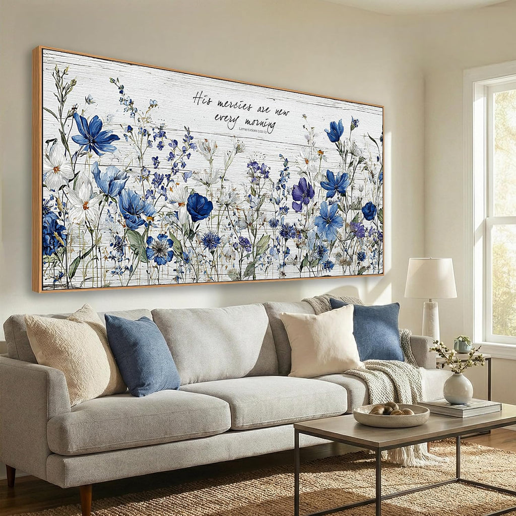 Tucai Decor Blue Floral Canvas Wall Art with Inspirational Quote Farmhouse Style Living Room Bedroom Kitchen Wall Decor Large Format Framed Print Artwork Home Decoration