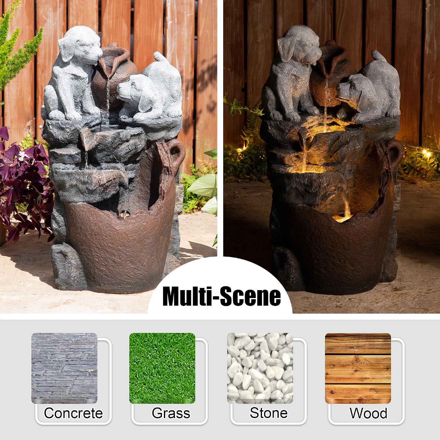 Glitzhome Water Fountain Outdoor, Outdoor Fountain with Lights & Pump, 23.5' H 4-Tiered Dogs and Pot Polyresin Cascading Waterfall Floor Standing Water Feature for Garden, Patio, Yard, Deck