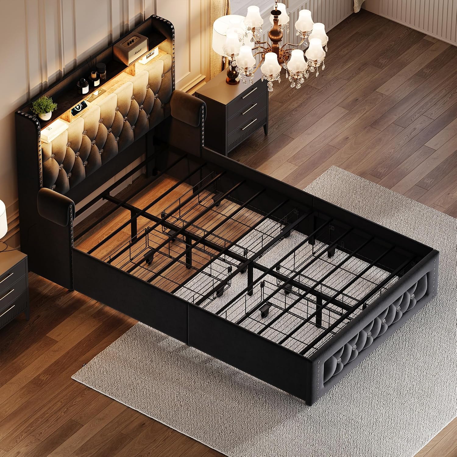 Ailisite Twin Size Bed Frame with 4 Storage Drawers and RGB Led Lights,Velvet Upholstered Platform Bed with Charging Station and Bookcase Storage Headboard, with Crystal and Rivet Deco, Black
