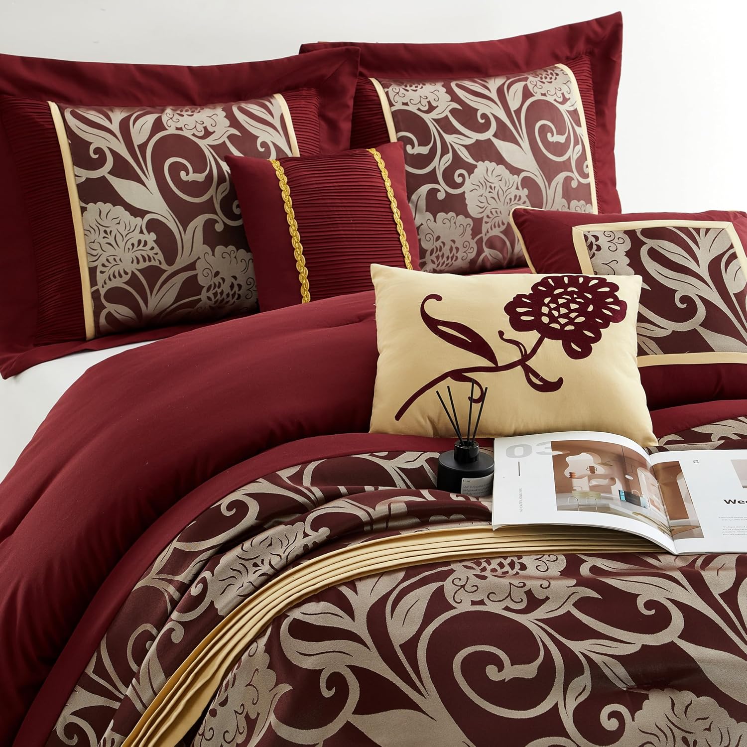 Stratford Park Red and Gold Comforter Set King Size, 9 Piece Jacquard Floral Bedding Set, All Season, Ultra-Soft, Matching Pillows & Shams, Bed Skirt, Curtains