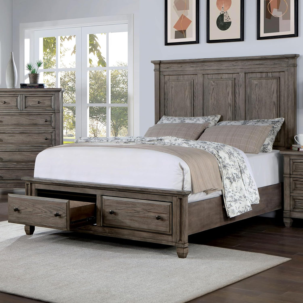 Furniture of America Xephyr Solid Wood 5-Piece Bedroom Set, Queen-Size Bed with Footboard Drawers, Felt-Lined Top & Ball-Bearing Glides, USB Port on Nightstand, Box Spring Required, Warm Gray