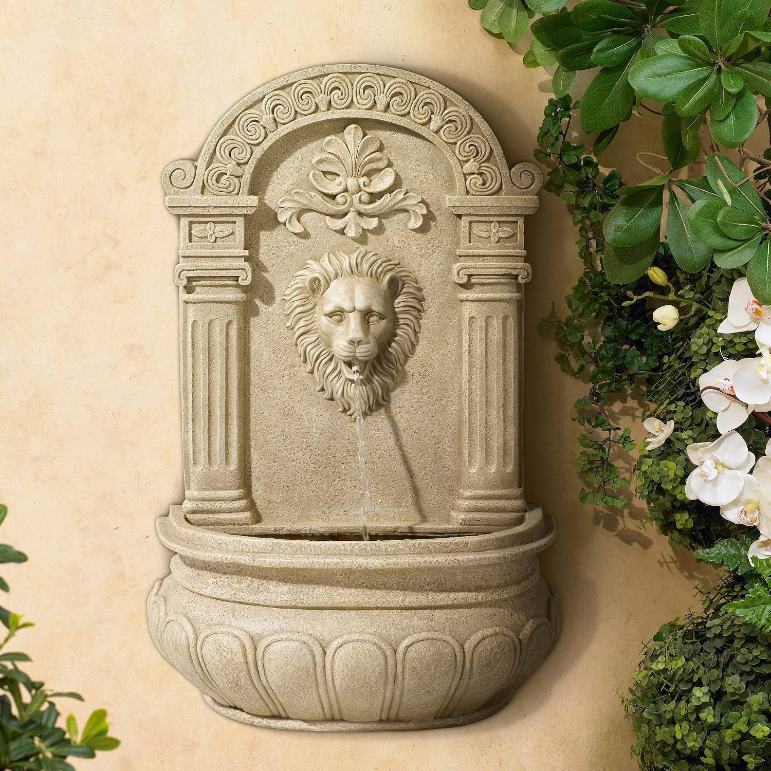 Royal Lion Face 31' High Large Italian Indoor Outdoor Decor Sand Stone Wall Fountain Basin Statue Water Feature for Outside Garden Patio Yard Backyard Porch Deck Relaxation - John Timberland
