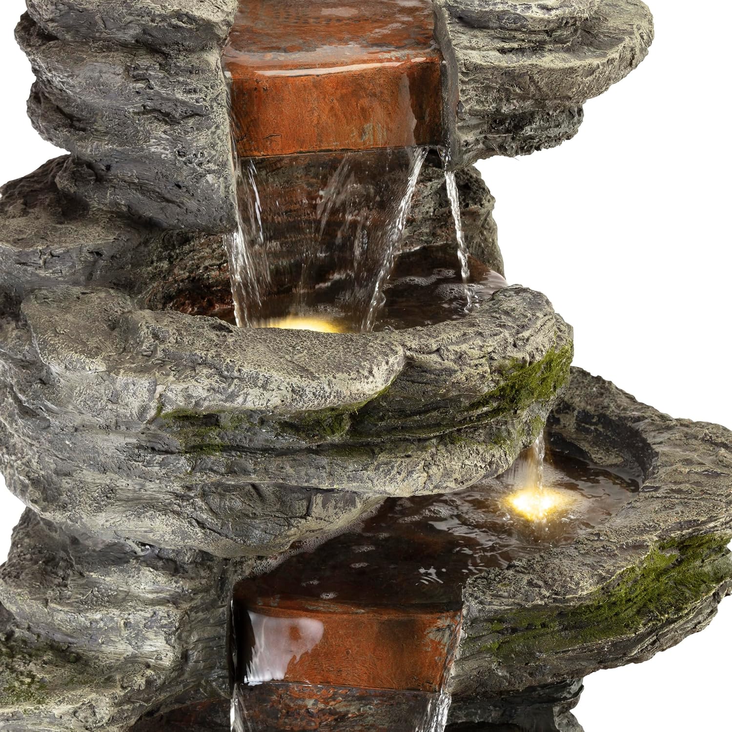 Alpine Corporation WIN1146 Outdoor Floor Cascading 8 Tiered Rock Garden Water Fountain with LED Lights, 58', Gray