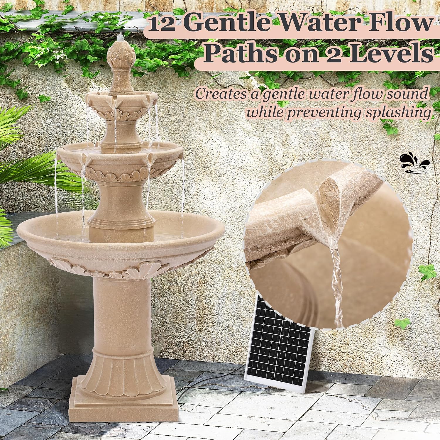 MAGIC UNION Outdoor Solar Water Fountains, 48.4''H Italian Style Garden Fountains and Waterfalls Outside, 3-Tier Large Bubbler Cascading Water Fountain with Pump and Solar Panel for Home Yard Decor