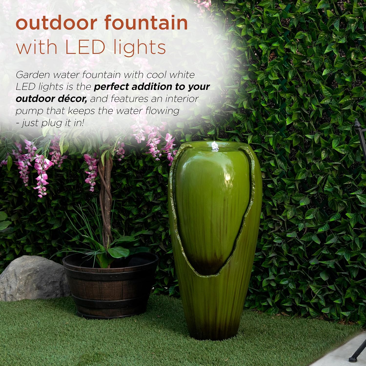 Alpine Corporation 33' Tall Outdoor Vintage Cascading Antique Jar Water Fountain with LED Lights for Gardens, Patios, and Yards, Green