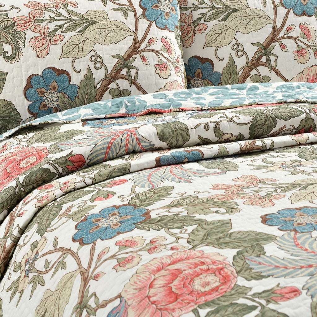 Lush Decor Sydney Reversible Cotton Quilt Set, 3 Piece Set, King/California King, Green & Blue - Cotton Bedding Set - Blue Floral Quilt - Cottage Decor - Bedding King Size