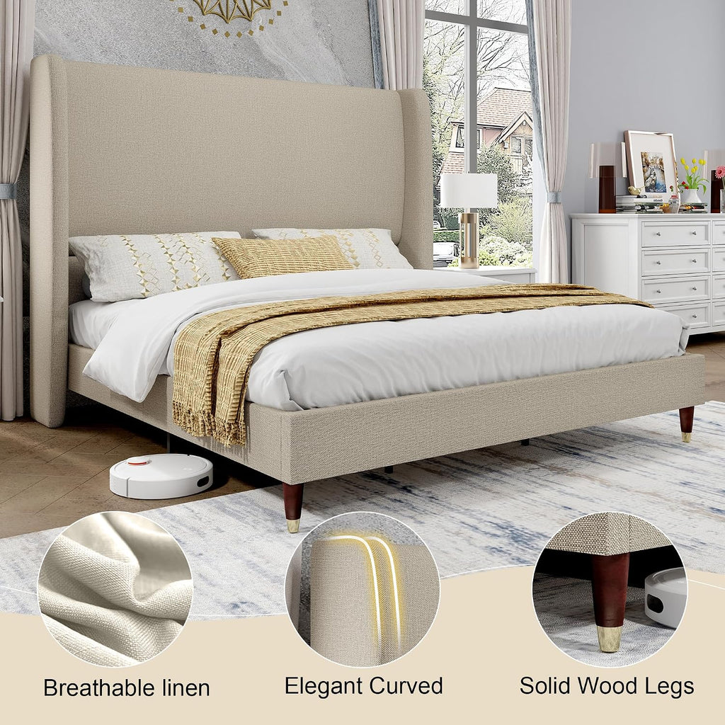 PaPaJet Queen Bed Frame with 51.2' Tall Wingback Headboard,Line Upholstered Platform Bed,Solid Wood Legs,No Box Spring Needed,Noise-Free&Easy Assembly,for Couples, Guest Room, Apartment,Light Khaki
