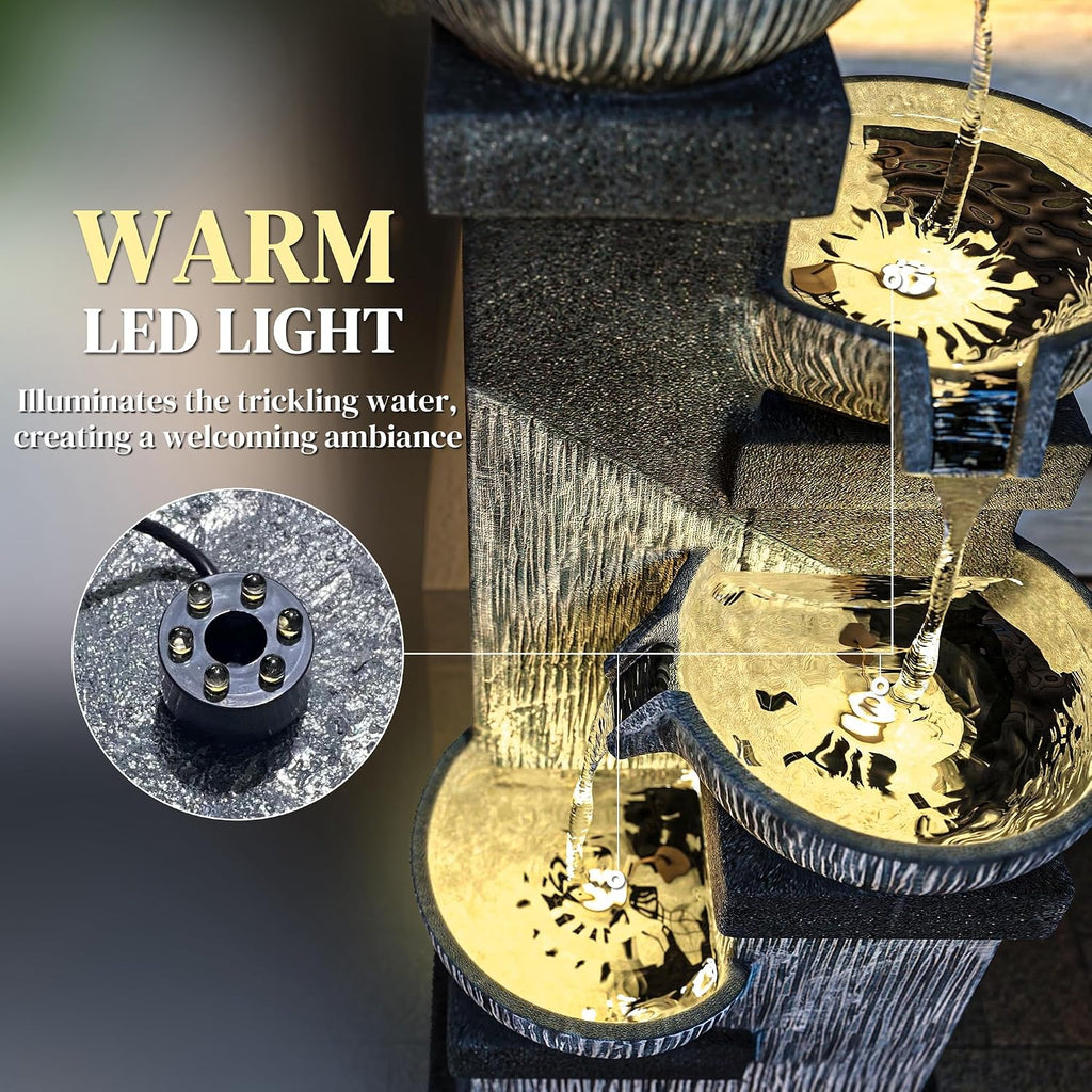 Outsunny 33.5' Tall Outdoor Water Fountain, 4-Tier Floor Standing Resin Cascading Bowls Waterfall Fountain with LED Lights, Pump for Garden, Patio, Backyard