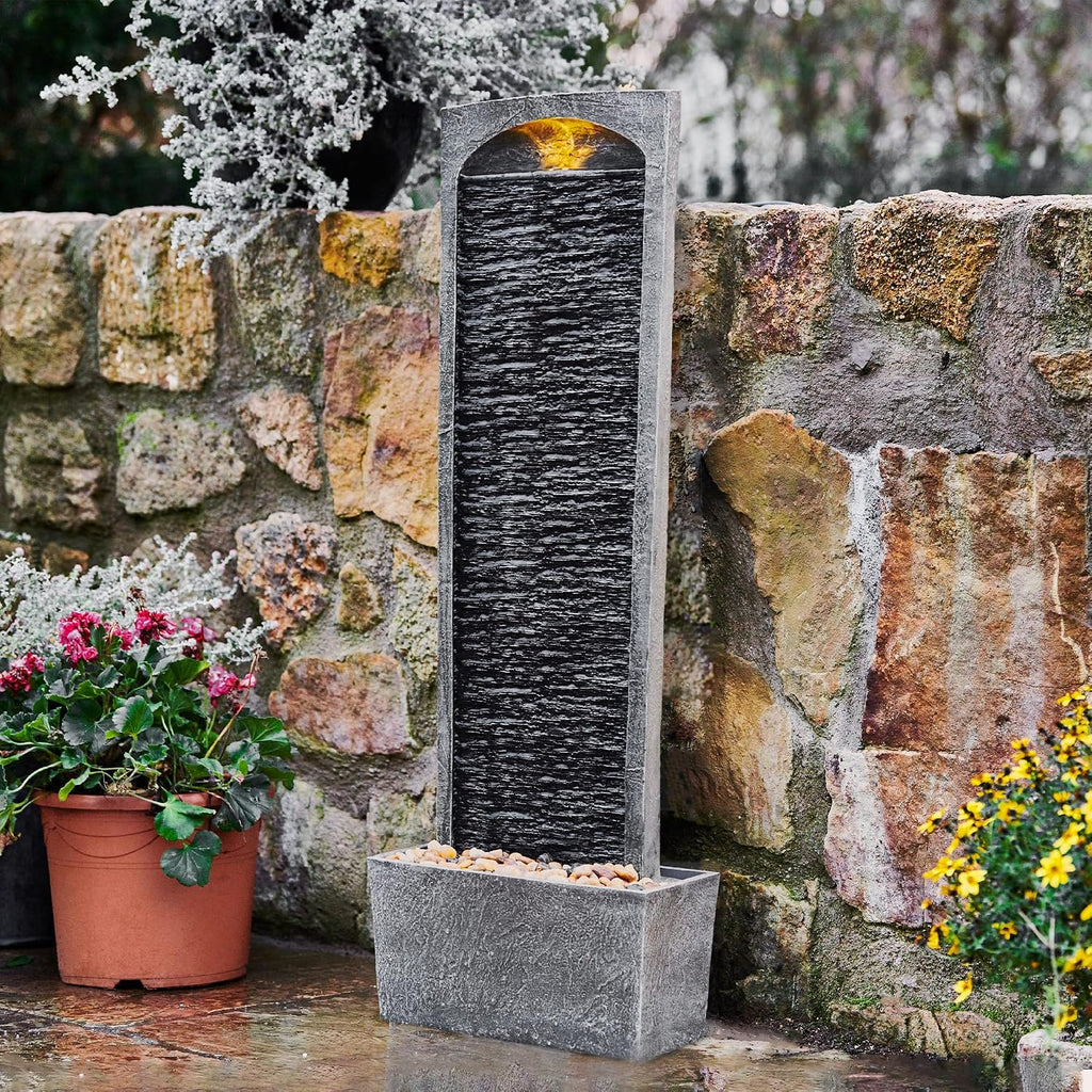 Teamson Home 38.5' Faux Slate Contemporary Outdoor LED Waterfall Fountain with Pebble Base, Gray/Black