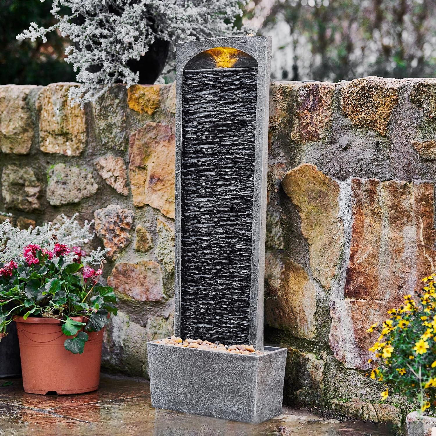 Teamson Home 38.5' Faux Slate Contemporary Outdoor LED Waterfall Fountain with Pebble Base, Gray/Black