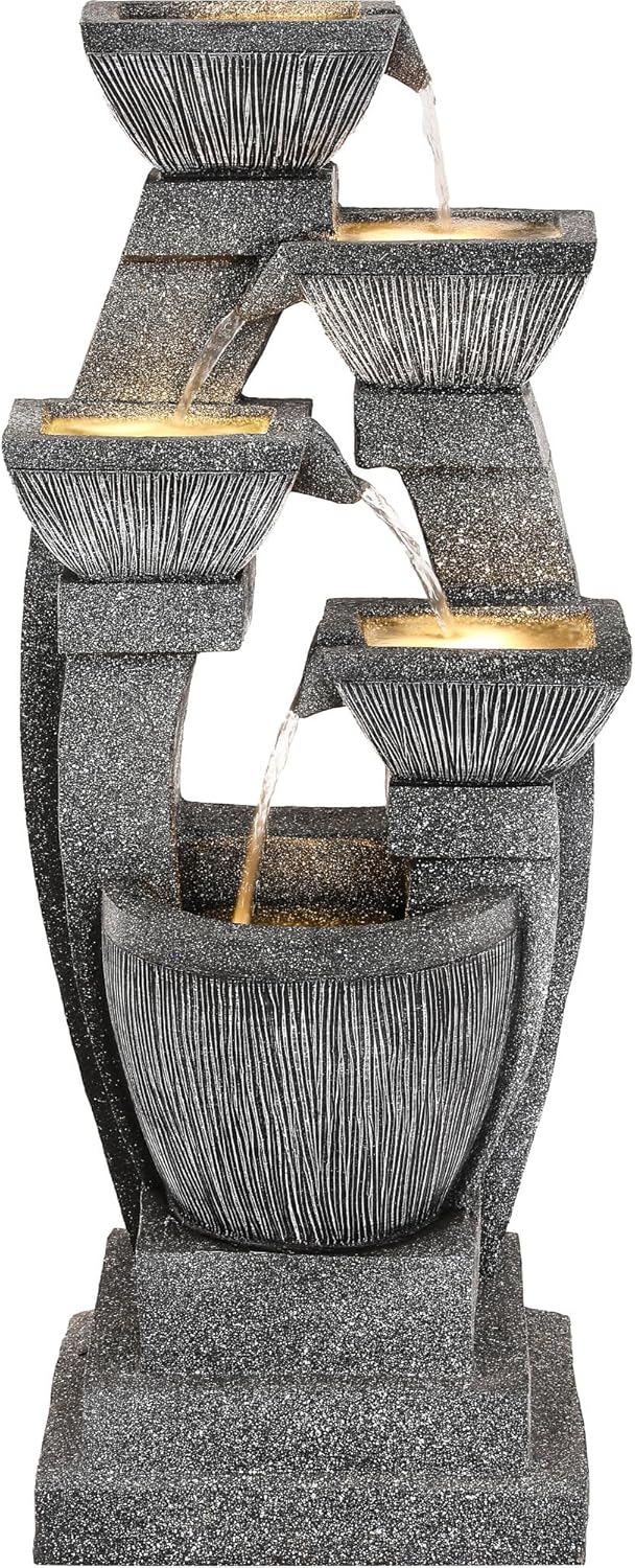 40.5' Outdoor Fountain, Four-Column & Bowls Water Feature with LED Lights, Modern Resin Soothing Cascading Waterfall for Patio, Backyard, Garden or Porch
