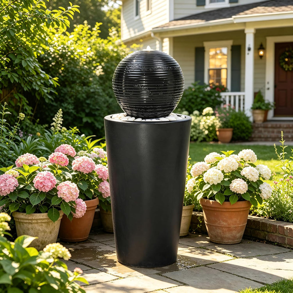30' H Ceramic Sphere Water Fountain with LED Light, Modern Minimalist Design, Black Glaze with White Pebbles, Soothing Trickling Water Feature, Adding Artistic Charm & Tranquil Ambiance