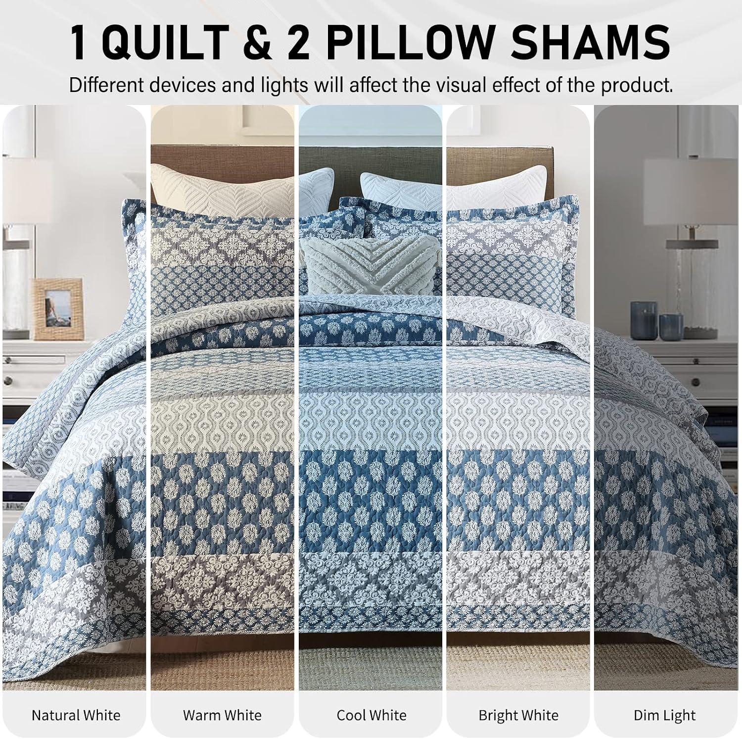 PERHOM Quilt King Size - 100% Long-Staple Cotton Lightweight King Quilt Set, Blue Gray Striped Bedding Set for King Bed, Farmhouse Floral Patchwork Reversible Bedspreads All Seasons, 3 Pieces