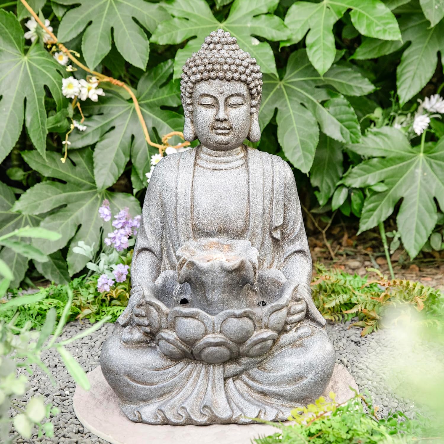 Glitzhome Buddha Fountain Outdoor with Pump & LED Light 23.25' H, 2-Tier Zen Style Concrete Meditating Buddha Statues Water Fountains Floor Fountains Buddhas Sculpture for Garden Patio Backyard