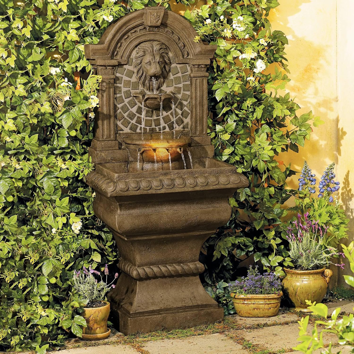 Royal Lions Head 51' High Large Italian Outdoor Decor Faux Stone Floor Fountain with Light Statue Waterfall Standing Tiered Water Feature for Outside Garden Patio Yard Backyard Porch - John Timberland