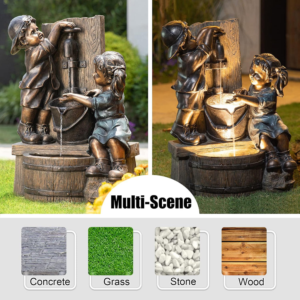 Glitzhome Outdoor Water Fountain with LED Light, Children Playing with Faucet Waterfall Fountains, Antique Bronze Resin Boy and Girl Statue Outdoor Waterfall Fountain for Patio Backyard Garden, 25'H
