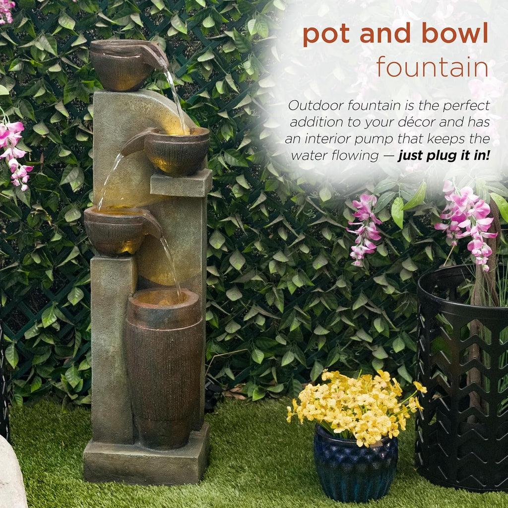 Alpine Corporation 40' Tall Indoor/Outdoor 4-Tier Fountain with LED Lights, Cascading Pot and Bowl Water Feature, Elegant Waterfall for Garden, Patio & Home, Brown